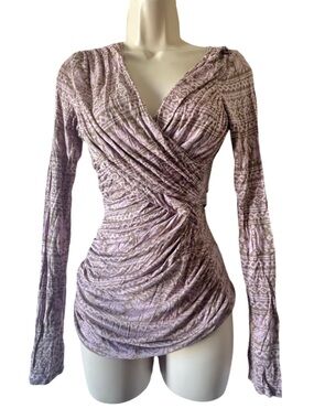Plenty by Tracy Reese Mauve Printed Ruched Surplice Long Sleeve Top